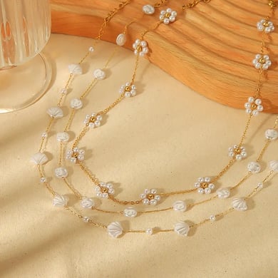 1 Pair 1 piece exquisite fashion  gold-plated stainless steel pearl flower shell necklace women's jewelry daily wear Women Chain necklaces h5 